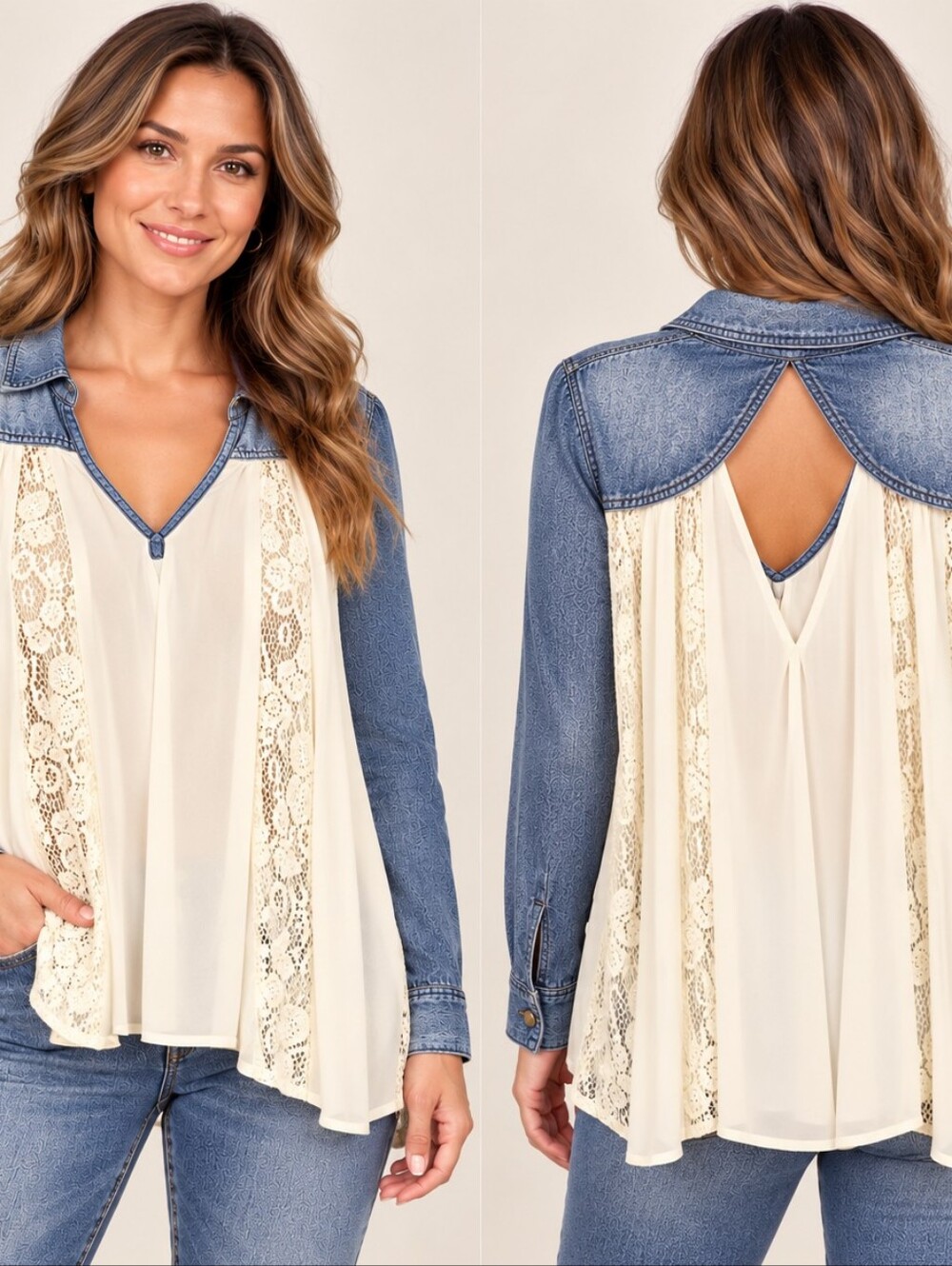Free People Denim Lace Chiffon Boho Blouse Ivory Blue A331